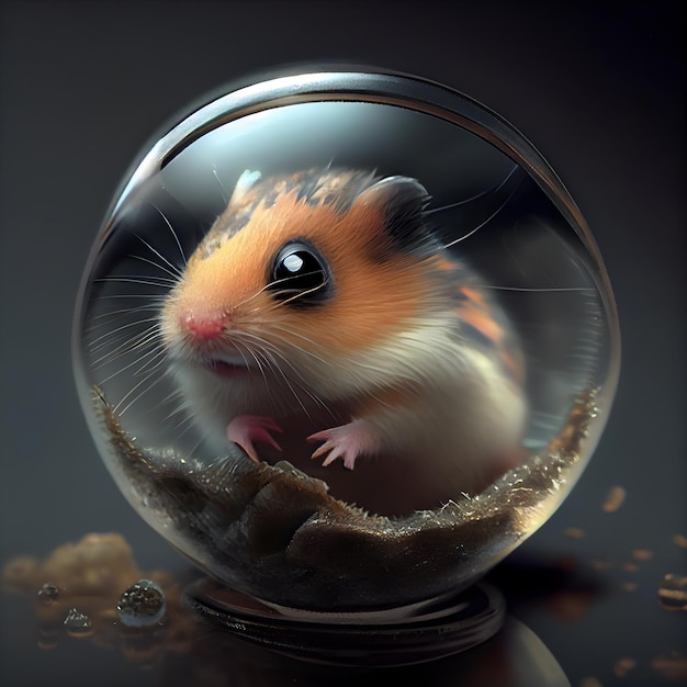 Hamster dans un vase en verre sur un fond sombre rendu 3d