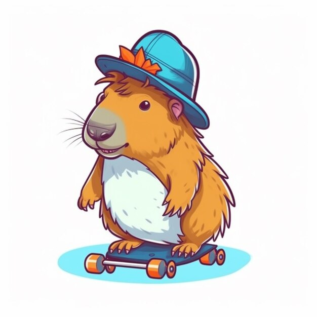 un hamster de dessin animé chevauchant une planche à roulettes portant un chapeau ai générative