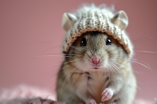 Photo un hamster domestique adorable et moelleux dans un chapeau à tricot chaud sur un fond rose