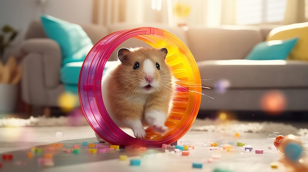 Un hamster énergique tournant dans une roue colorée sur un fond flou du salon