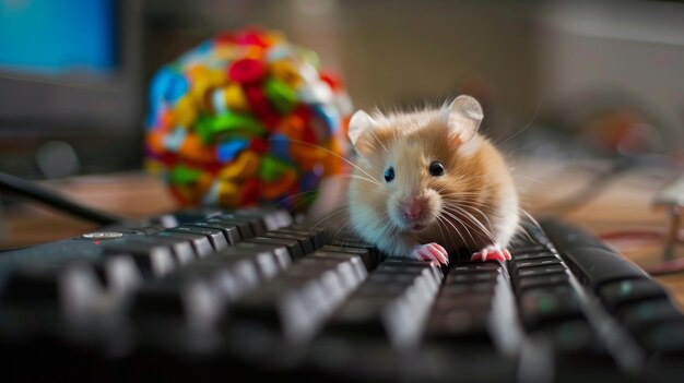 Un hamster enjoué roulant dans une balle colorée à côté d'un ordinateur ses petites pattes tapant avec enthousiasme sur le clavier dans une quête d'aventure