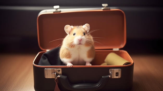 Un hamster est assis dans une mallette avec le mot hamster dessus.