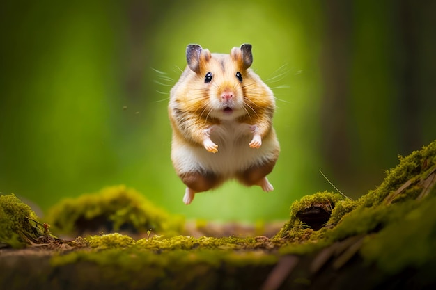 Le hamster est debout sur ses pattes postérieures sur une surface moussue AI générative