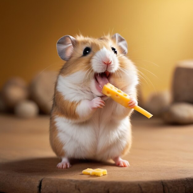 Un hamster heureux dévorant un bâton de fromage au sommet