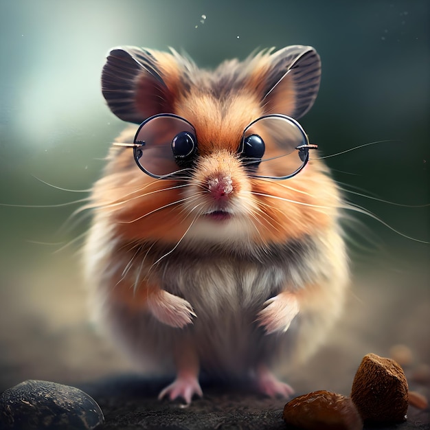 Hamster avec lunettes et noix sur fond de forêt