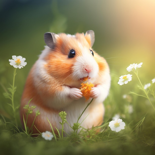 Un hamster mange une fleur jaune dans un champ.