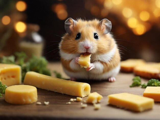 un hamster mangeant du fromage avec un morceau de fromage dessus