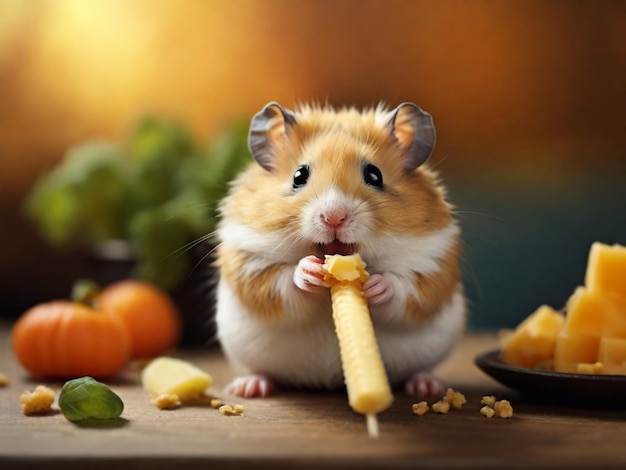 un hamster mangeant un morceau de nourriture avec d'autres légumes