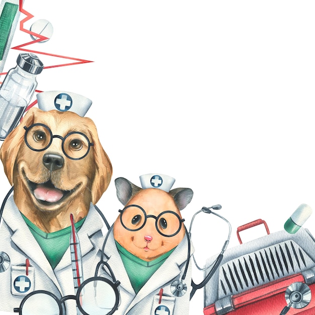 Hamster de médecins vétérinaires avec des médicaments pour animaux de compagnie de chien Illustration aquarelle dessinée à la main pour la conception des cliniques hôpitaux pharmacies Modèle sur fond blanc