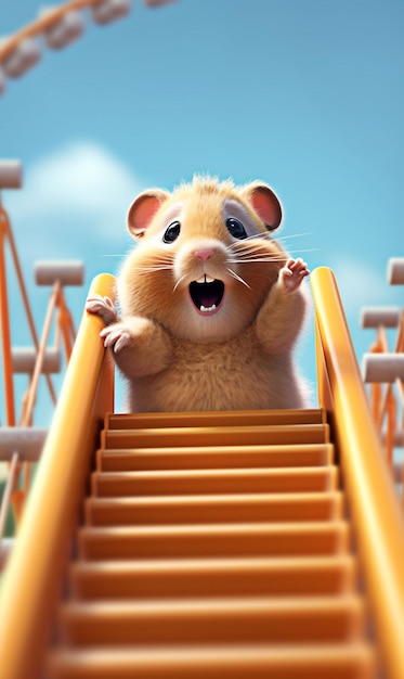 Hamster mignon 3D jouant aux montagnes russes générative ai