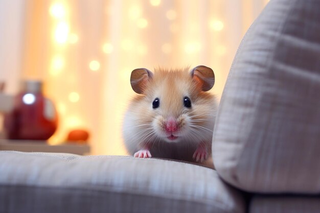 Photo un hamster mignon assis sur le canapé à la maison de près.