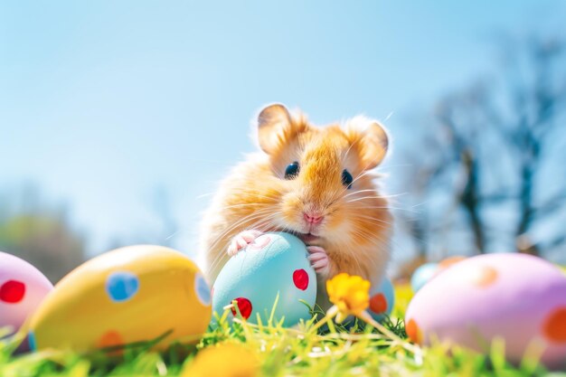 Le hamster mignon tient dans ses pattes et essaie de ronger un œuf de Pâques dans l'herbe verte avec des pissenlits