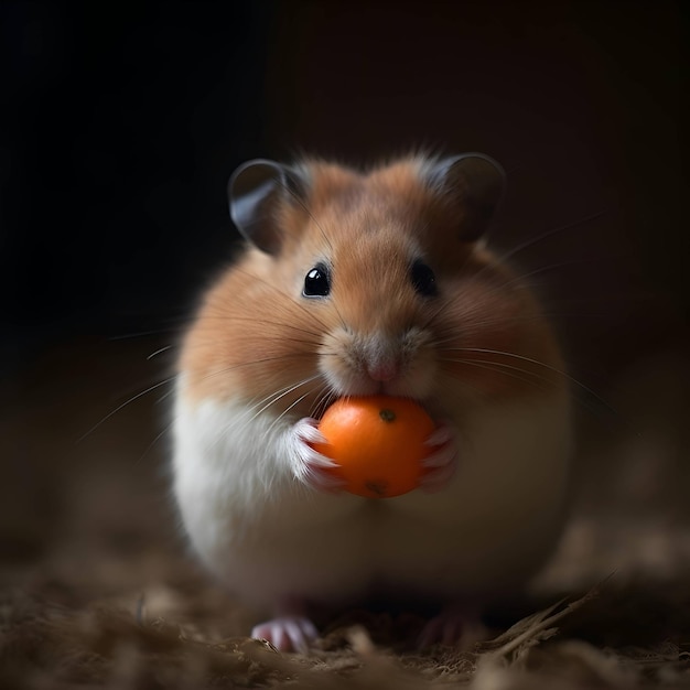 Hamster avec une orange sur un gros plan de fond sombre