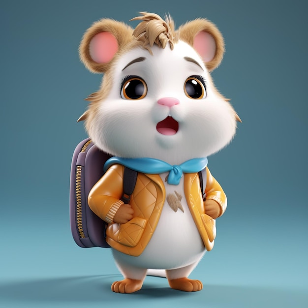 Hamster de personnage 3d vêtu de vêtements avec un sac à dos