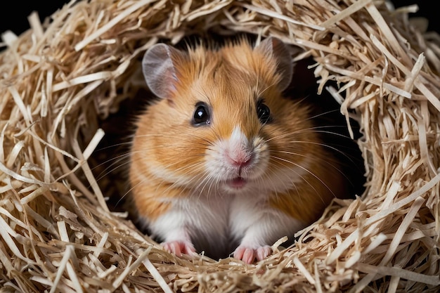 Un hamster qui regarde hors d'un nid de paille