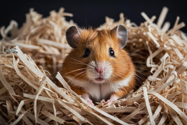 Un hamster qui regarde hors d'un nid de paille