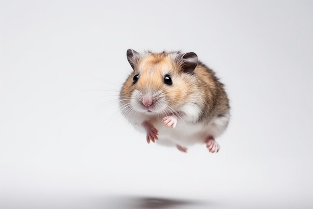 Un hamster saute en l'air, la tête relevée et les yeux fermés.