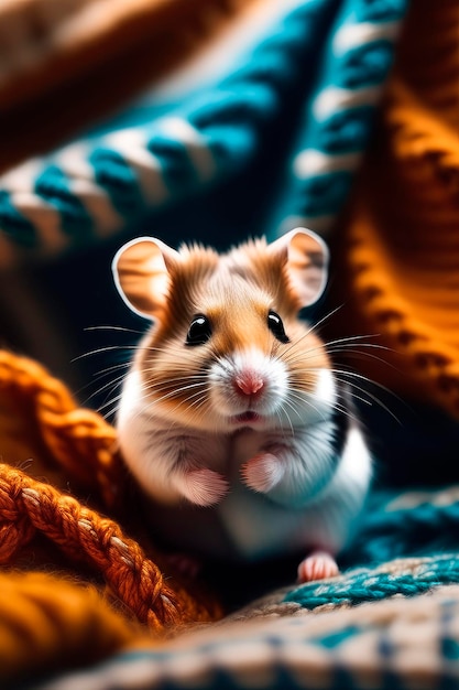 Photo le hamster se repose sur le canapé sous une couverture tricotée.