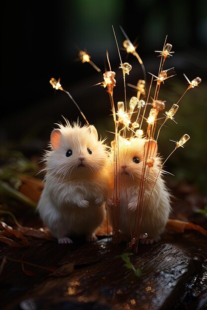 un hamster et une souris sont assis sur une bûche l'autre tient une chaîne de petites fleurs