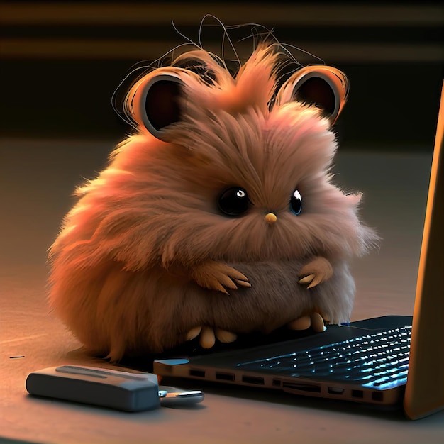 Hamster de style dessin animé mignon travaillant sur un concept d'ordinateur portable réalisé avec l'IA générative