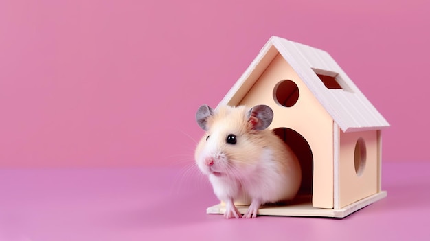 Hamster syrien au gingembre blanc sur fond rose dans une petite maison décorative en bois pour copie de rongeurs