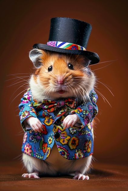Un hamster syrien mignon en costume et un chapeau de haut Un hamster méchant dans un costume à motifs colorés