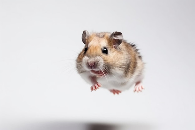 Un hamster volant dans les airs avec sa bouche ouverte.