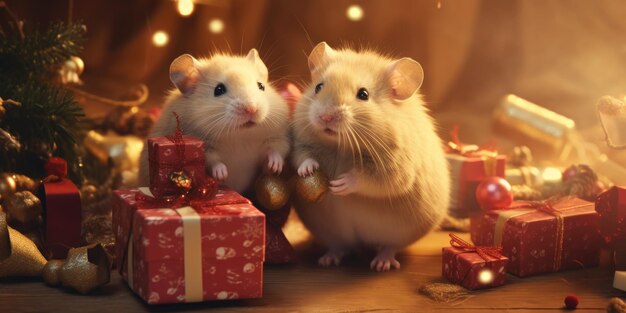 Photo hamsters mignons et moelleux avec des cadeaux sur le fond des décorations de noël