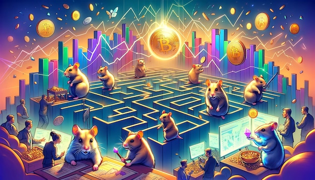 Les hamsters avec des ordinateurs échangent des bitcoins, des graphiques d'or, des bitcoins autour de la crypto-monnaie du labyrinthe.