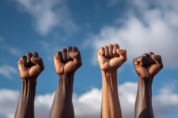 Hand Fist of People s'élève sur le fond du ciel créé avec l'IA générative