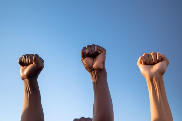 Hand Fist of People s'élève sur le fond du ciel créé avec l'IA générative