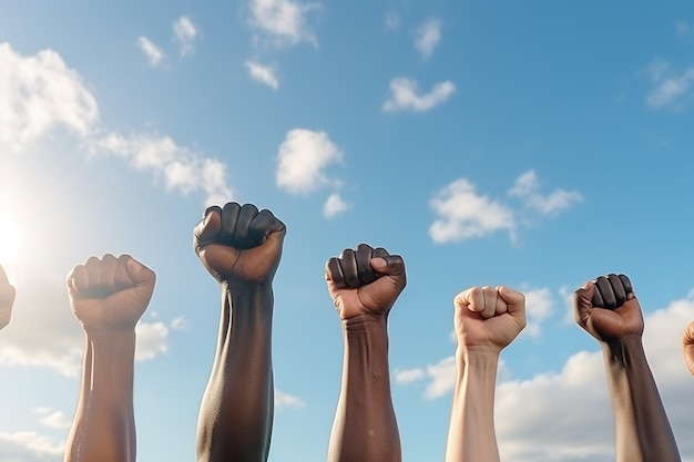 Hand Fist of People s'élève sur le fond du ciel créé avec l'IA générative