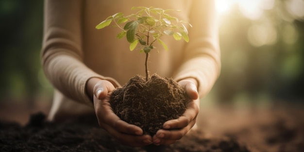 Hand holding tree plant background Journée mondiale de l'environnement et Journée de la Terre Generative Ai