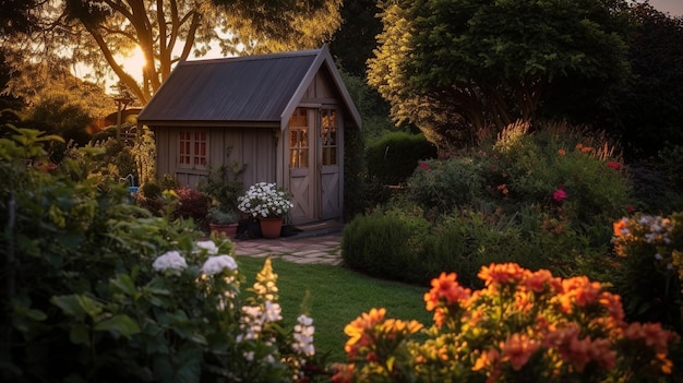 un hangar en bois rustique niché au milieu d'un jardin luxuriant et florissant