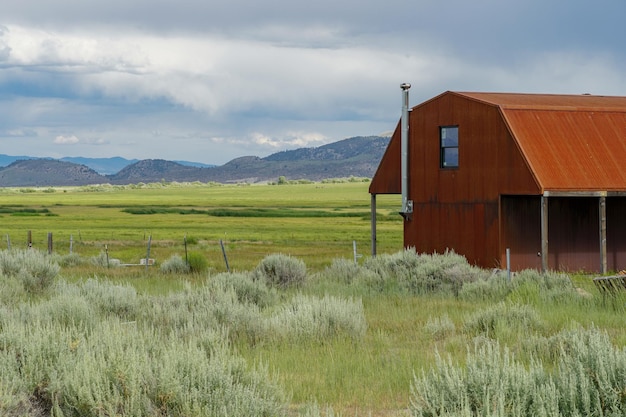 Hangar de ferme rouge dans un grand champ agricole de prairie avec la montagne en arrière-plan USA