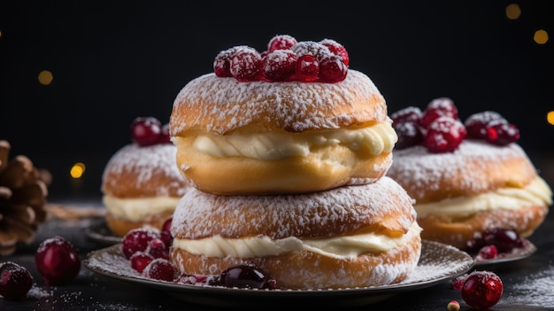 Photo hanoukka sufganiyot beignets juifs traditionnels pour hanoukka avec confiture rouge et sucre en poudre ai