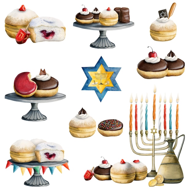Hanukkah aquarelle ensemble de symboles colorés avec menorah beignets dreidel pièces huile isolé sur blanc