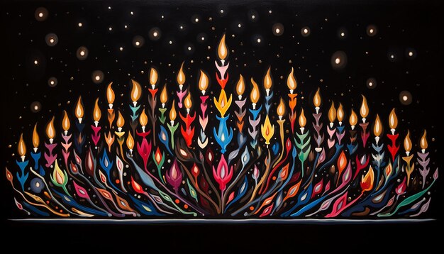 Hanukkah menorah multicolore sur fond noir gouache