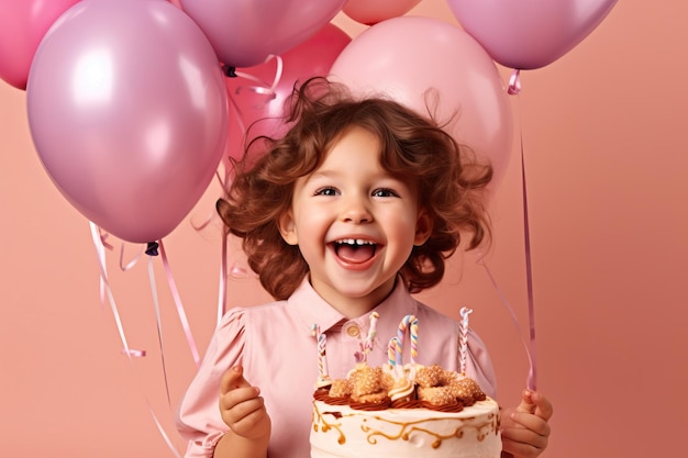 Photo happy birthday young little girl holding up gift