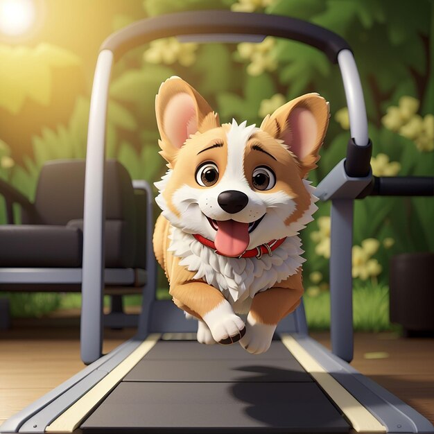 Photo happy corgi qui court sur le tapis roulant icône vectorielle de dessin animé illustration icône sportive d'animal concept isolé premium vector flat style de dessin illustré