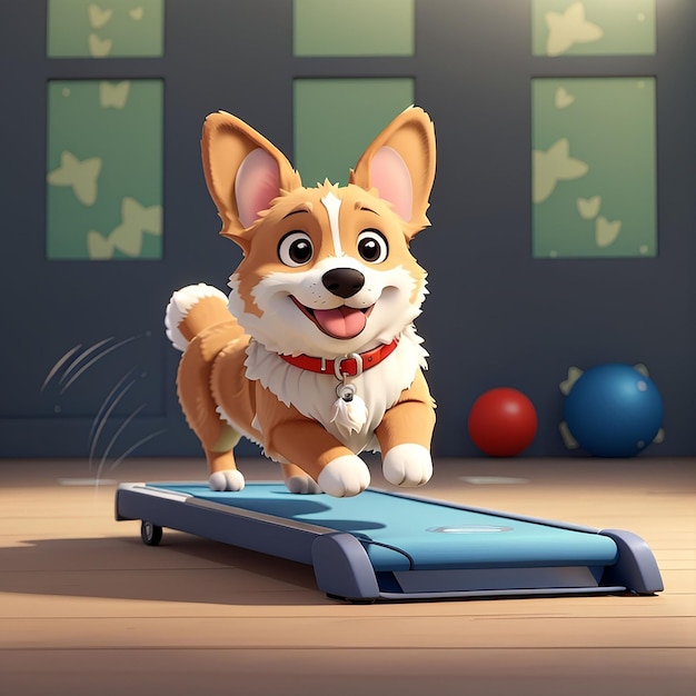 Photo happy corgi qui court sur le tapis roulant icône vectorielle de dessin animé illustration icône sportive d'animal concept isolé premium vector flat style de dessin illustré