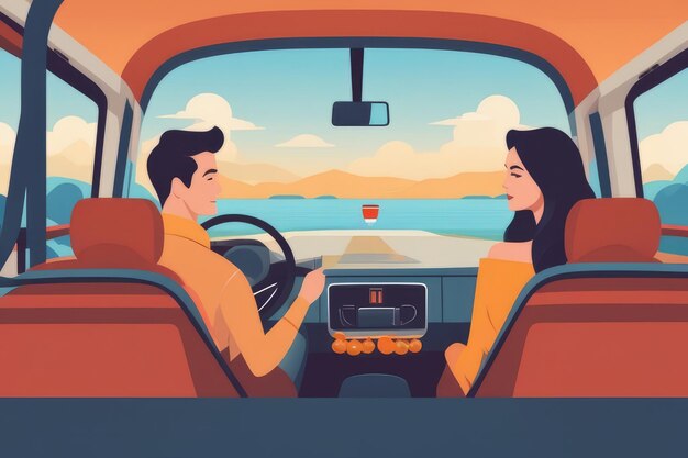 Happy Couple Road Trip Adventure Les oiseaux d'amour souriants Voyage dans la romance en voiture