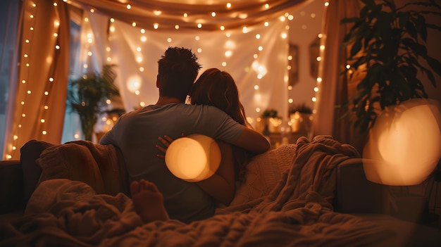 happy dia dos namorados romantic movie night concept with couple cuddled on couch watching movie p