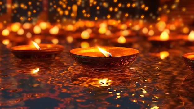 Happy Diwali Poster Design avec des lampes à huile allumées dans la rivière