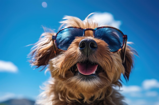 Happy Dog portant des lunettes de soleil sur la plage contre le ciel bleu journée ensoleillée