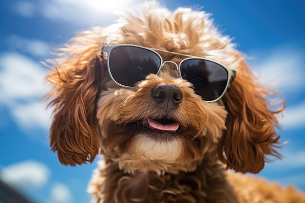 Happy Dog portant des lunettes de soleil sur la plage contre le ciel bleu journée ensoleillée