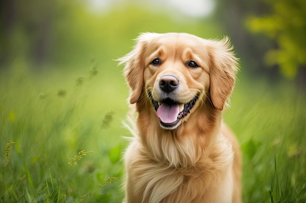 Happy Face Cute Lovely Adorable Golden Retriever Dog se promener sur la pelouse d'herbe verte fraîche Park39s