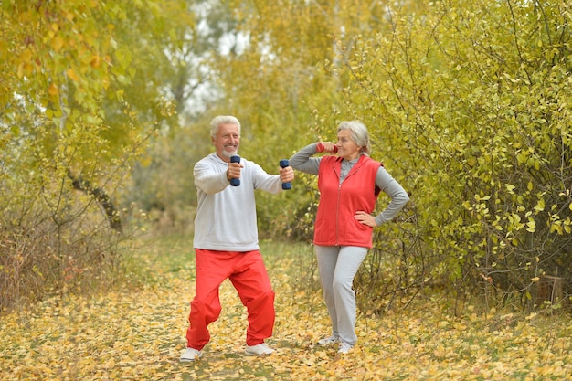 Happy fit senior couple exerçant dans le parc d'automne