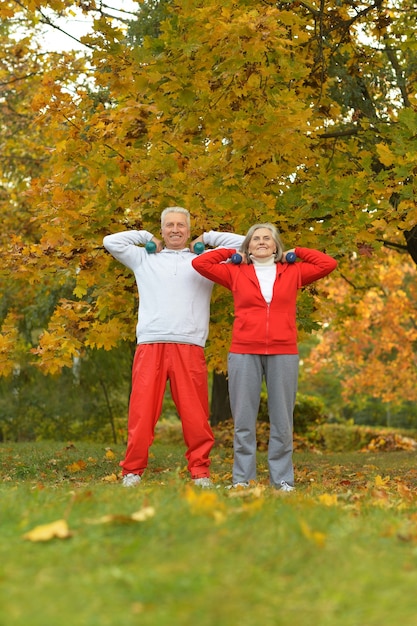 Happy fit senior couple exerçant dans le parc d'automne