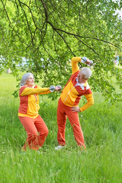 Happy fit senior couple exerçant dans le parc